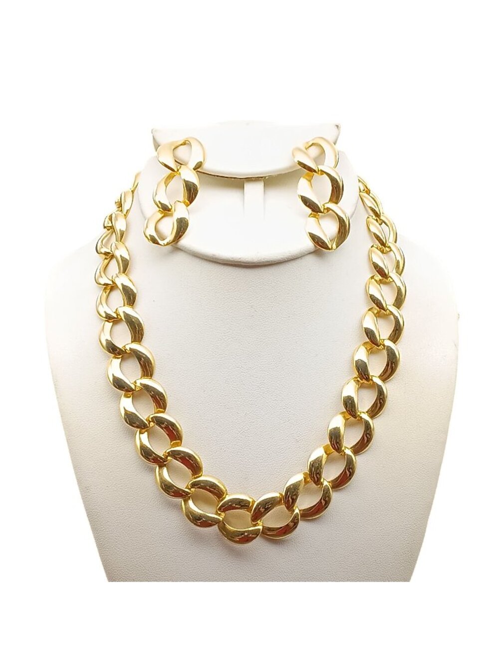 Gold-Tone Curb Link Statement Chain Choker Necklace & Dangle Drop Earrings Set